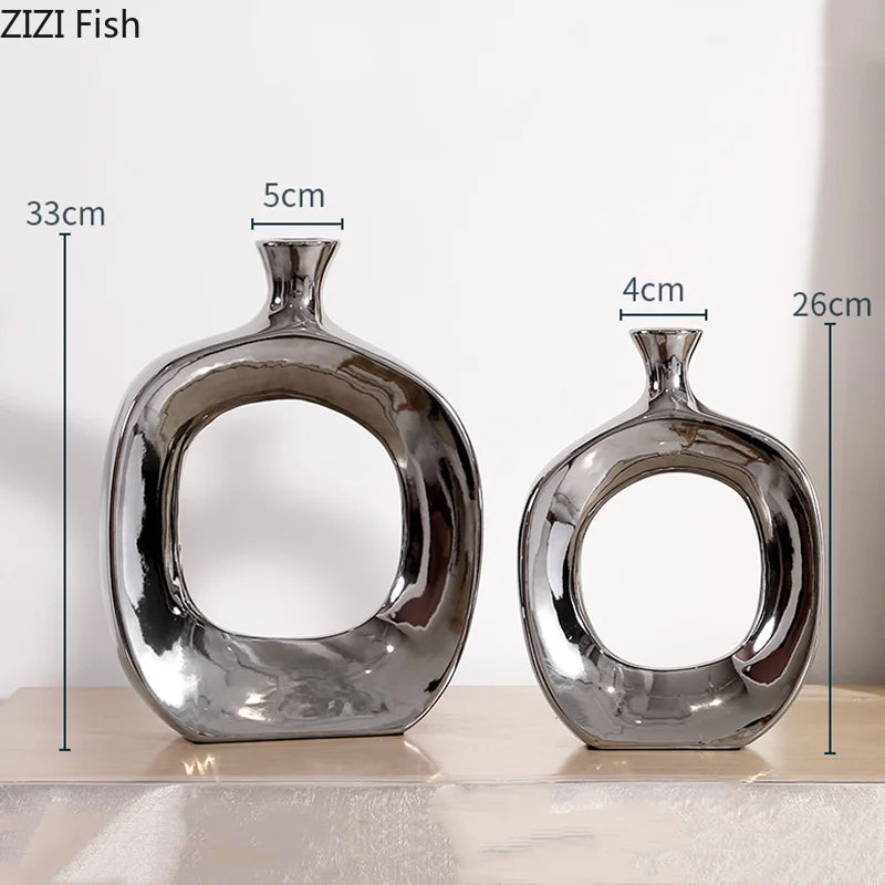Modern Ceramic Vase Hollow Out Silver Flower Arrangement Accessories Golden Flower Vase Home Decoration Wedding Accessories