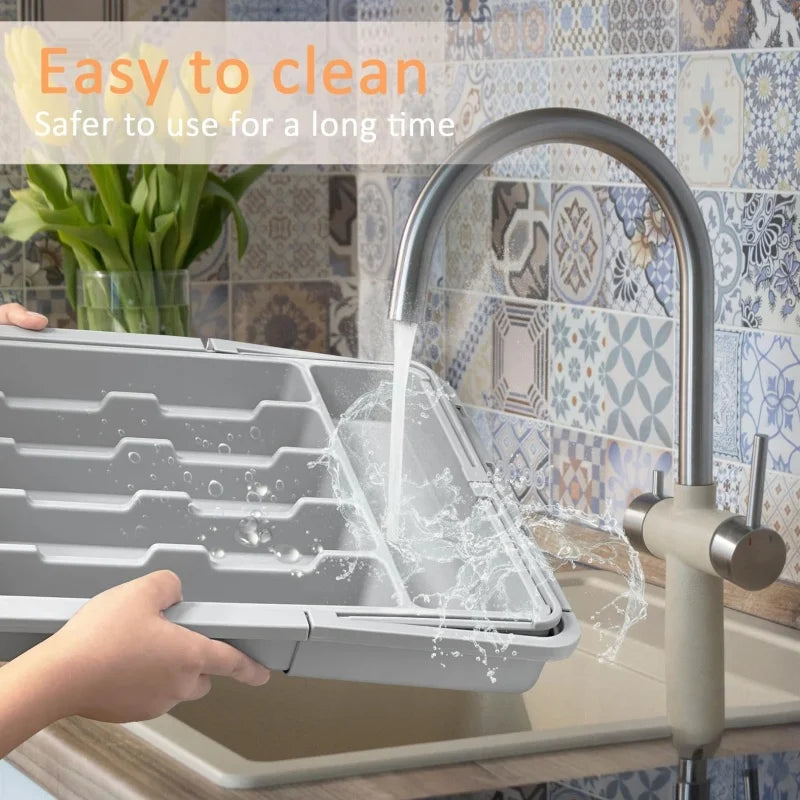 Grey Expandable Kitchen Utensil Drawer Organizer with 9 Compartments Large Adjustable Plastic Cutlery Storage Box