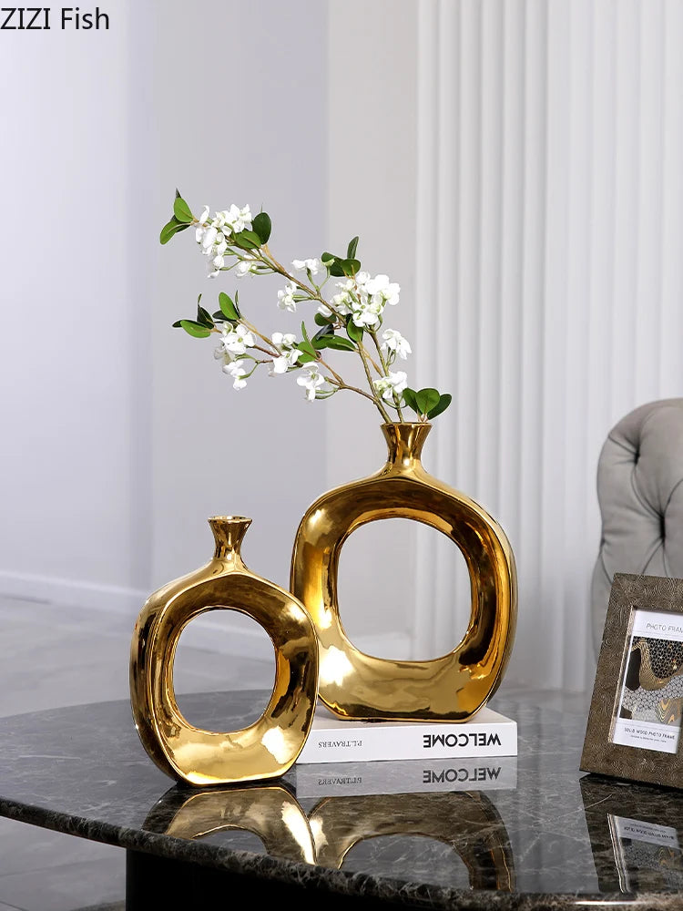 Modern Ceramic Vase Hollow Out Silver Flower Arrangement Accessories Golden Flower Vase Home Decoration Wedding Accessories