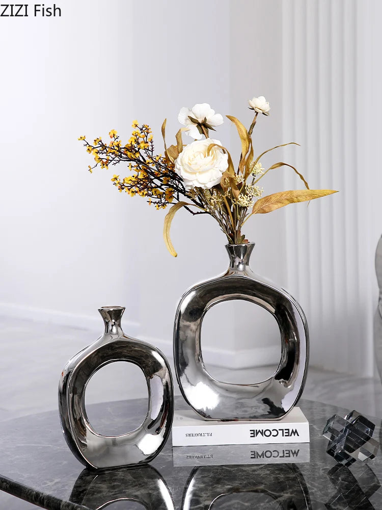 Modern Ceramic Vase Hollow Out Silver Flower Arrangement Accessories Golden Flower Vase Home Decoration Wedding Accessories