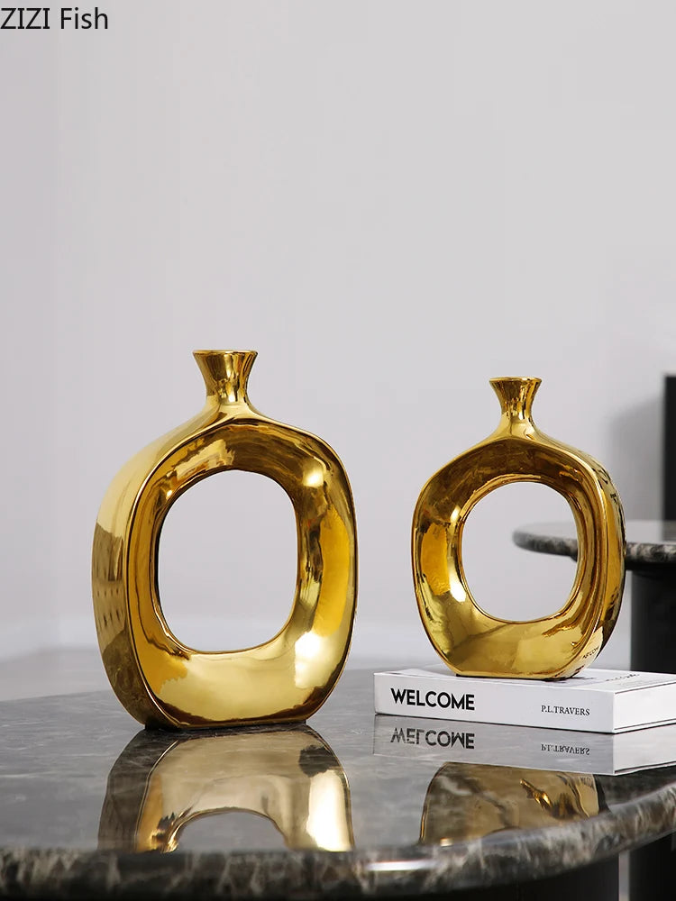 Modern Ceramic Vase Hollow Out Silver Flower Arrangement Accessories Golden Flower Vase Home Decoration Wedding Accessories