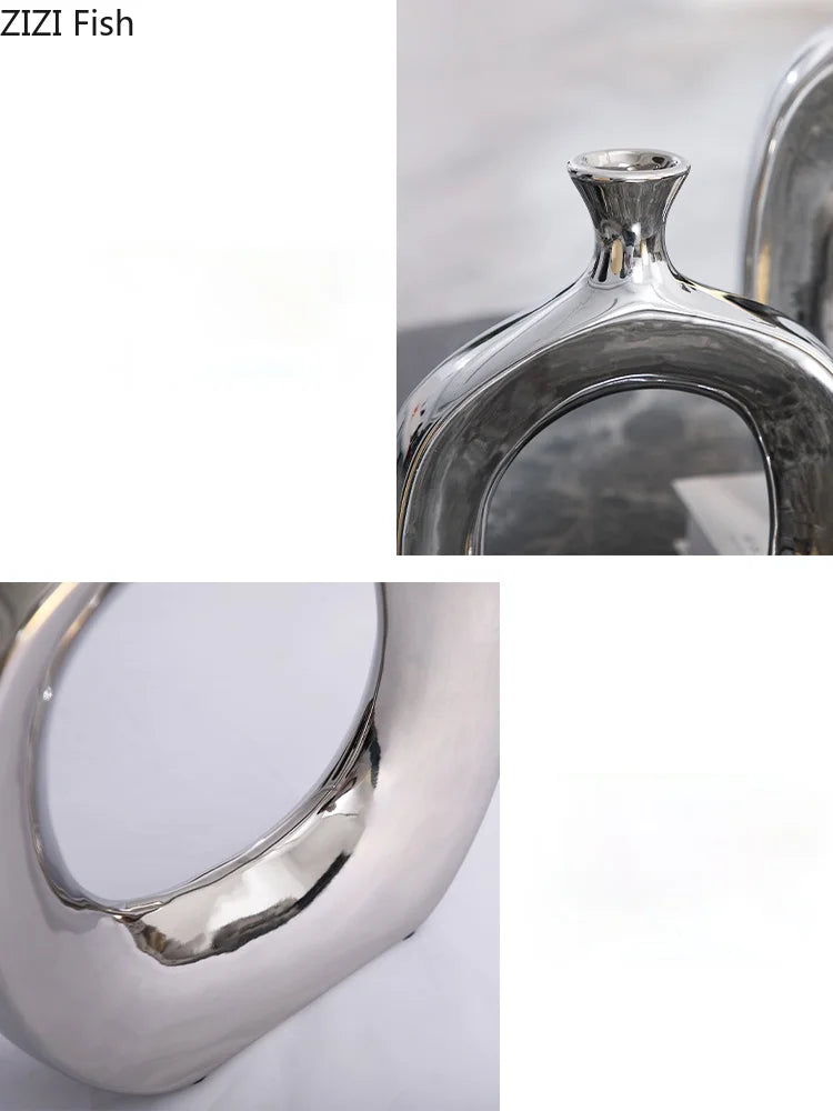 Modern Ceramic Vase Hollow Out Silver Flower Arrangement Accessories Golden Flower Vase Home Decoration Wedding Accessories