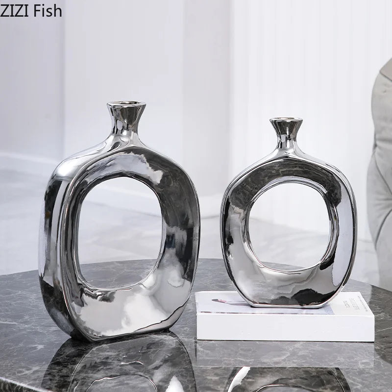 Modern Ceramic Vase Hollow Out Silver Flower Arrangement Accessories Golden Flower Vase Home Decoration Wedding Accessories