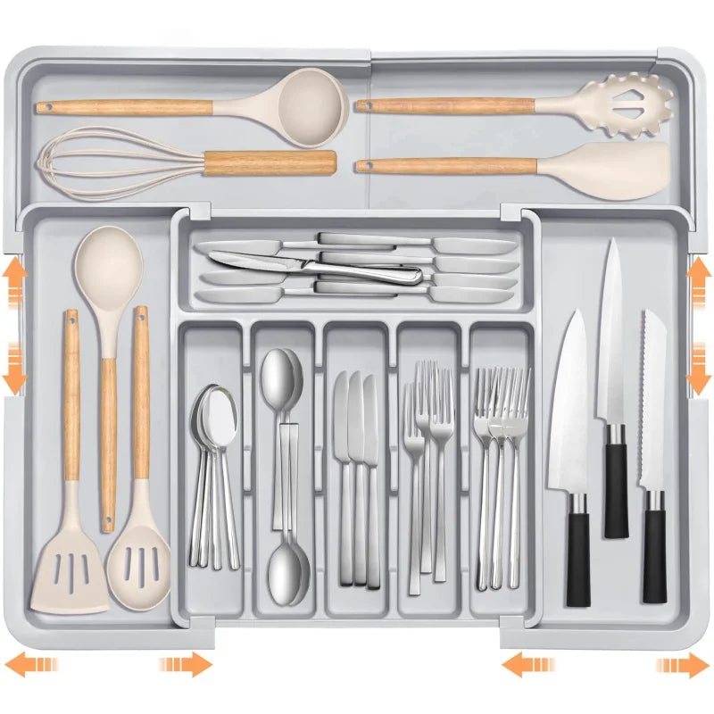 Grey Expandable Kitchen Utensil Drawer Organizer with 9 Compartments Large Adjustable Plastic Cutlery Storage Box