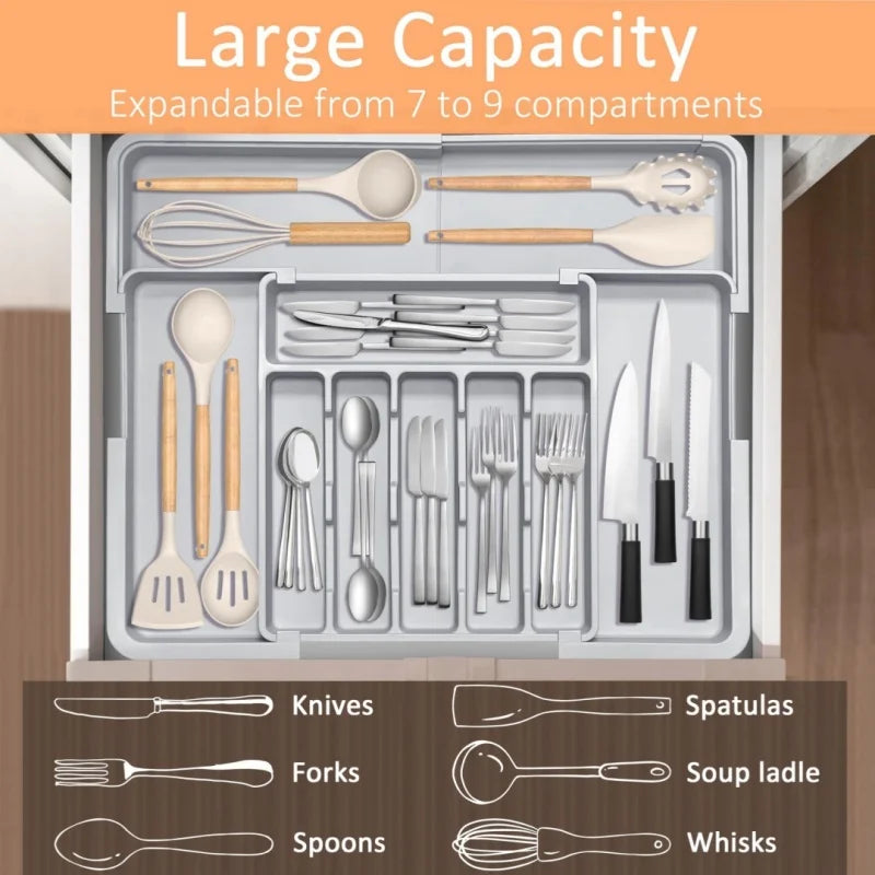 Grey Expandable Kitchen Utensil Drawer Organizer with 9 Compartments Large Adjustable Plastic Cutlery Storage Box