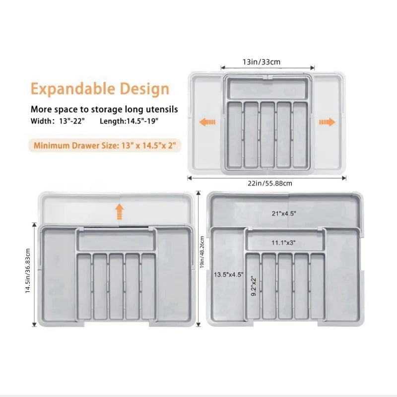 Grey Expandable Kitchen Utensil Drawer Organizer with 9 Compartments Large Adjustable Plastic Cutlery Storage Box