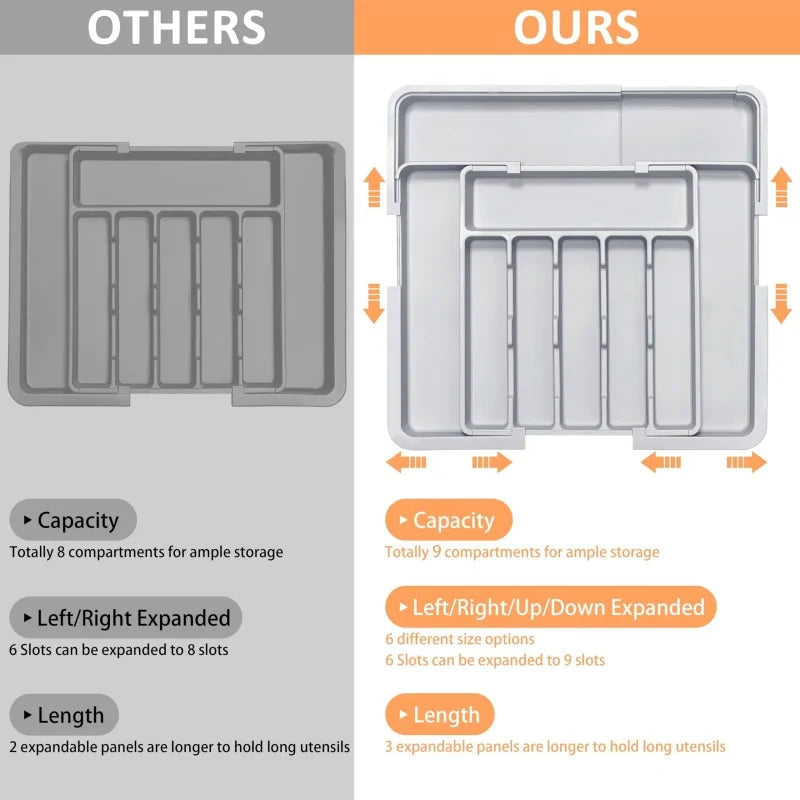 Grey Expandable Kitchen Utensil Drawer Organizer with 9 Compartments Large Adjustable Plastic Cutlery Storage Box