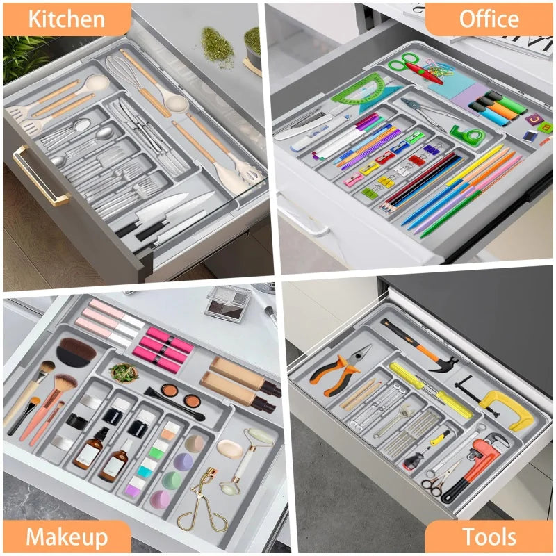 Grey Expandable Kitchen Utensil Drawer Organizer with 9 Compartments Large Adjustable Plastic Cutlery Storage Box