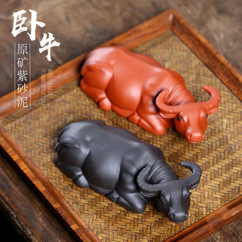 Yixing Zisha Tea Pet Ox Figurine Handmade Purple Clay Bull Statue Kung Fu Tea Table Decoration Tea Accessories