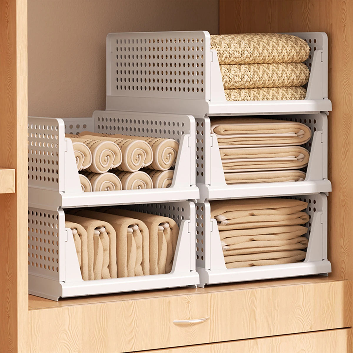 Stackable Storage Basket Plastic Folding Closet Organizers Storage Box Wardrobe Drawer Units layered Partition Storage rack