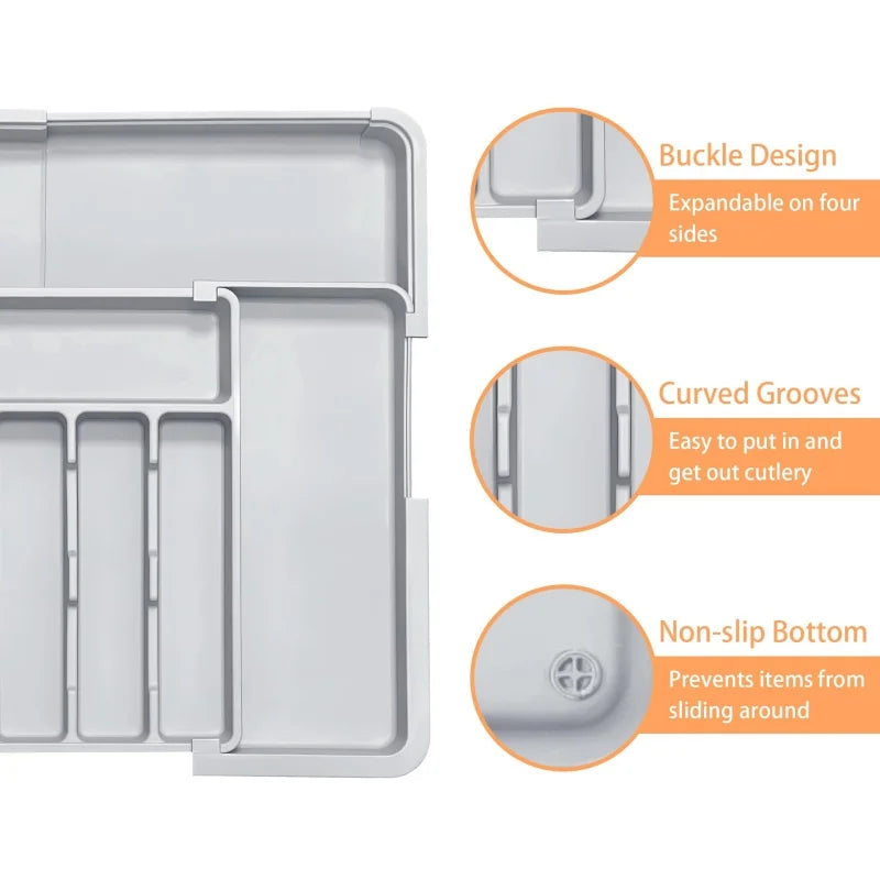 Grey Expandable Kitchen Utensil Drawer Organizer with 9 Compartments Large Adjustable Plastic Cutlery Storage Box