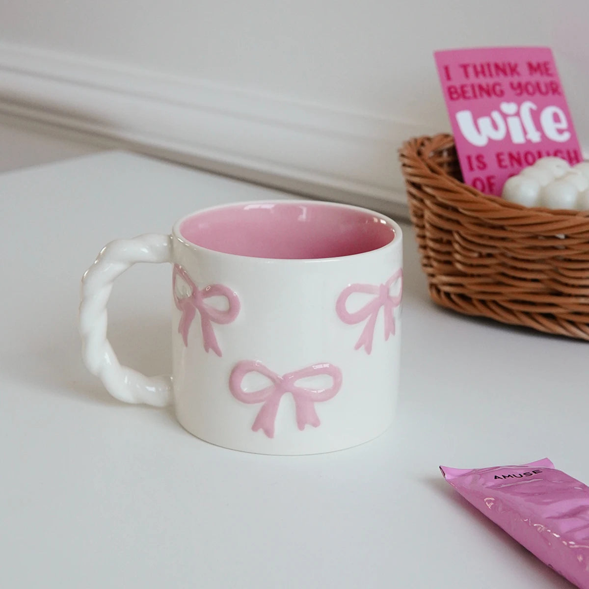 Pink Ceramic Mug with Bowknot